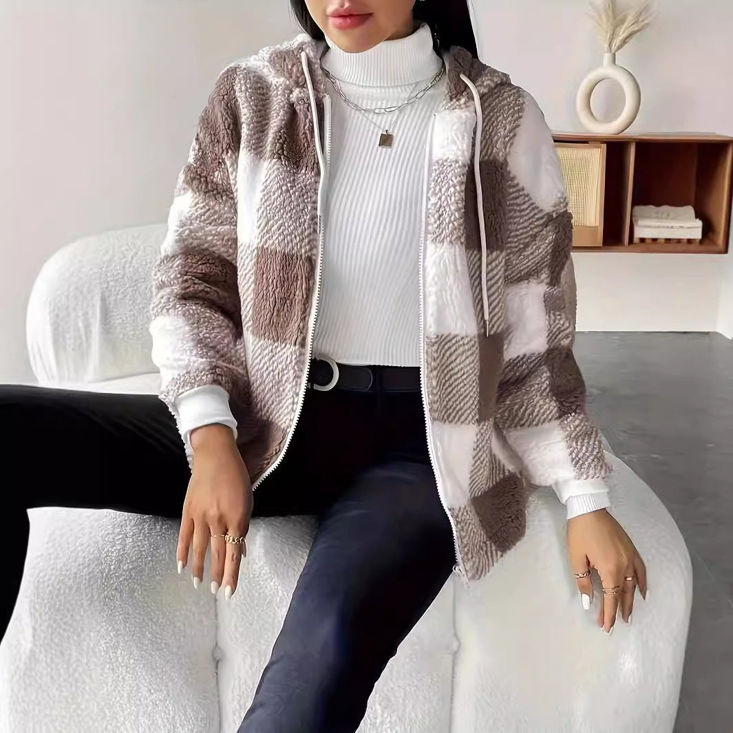 Plaid Hooded Loose Fit Winter Jacket – Women’s Casual Warm Outerwear