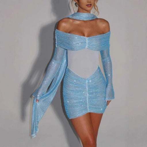 Elegant Rhinestone Off-Shoulder Bodycon Mini Dress – Sky Blue