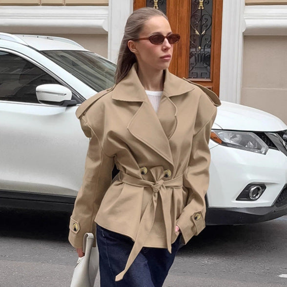 Trendy Casual Lace-Up Khaki Trench Coat for Women – Mid-Length Belted Outerwear