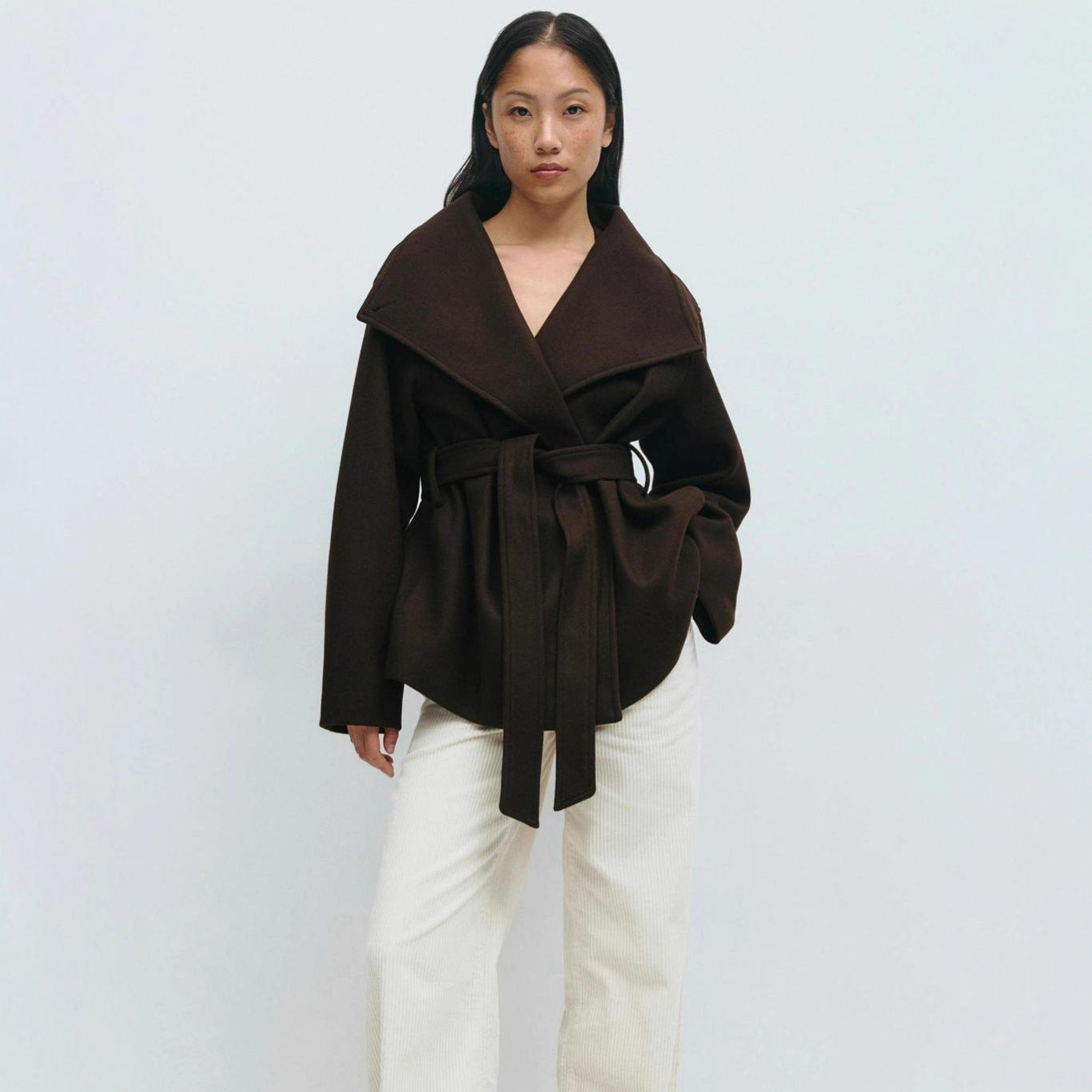 Women’s Autumn Winter Woolen Belted Coat – Elegant Mid-Length Jacket