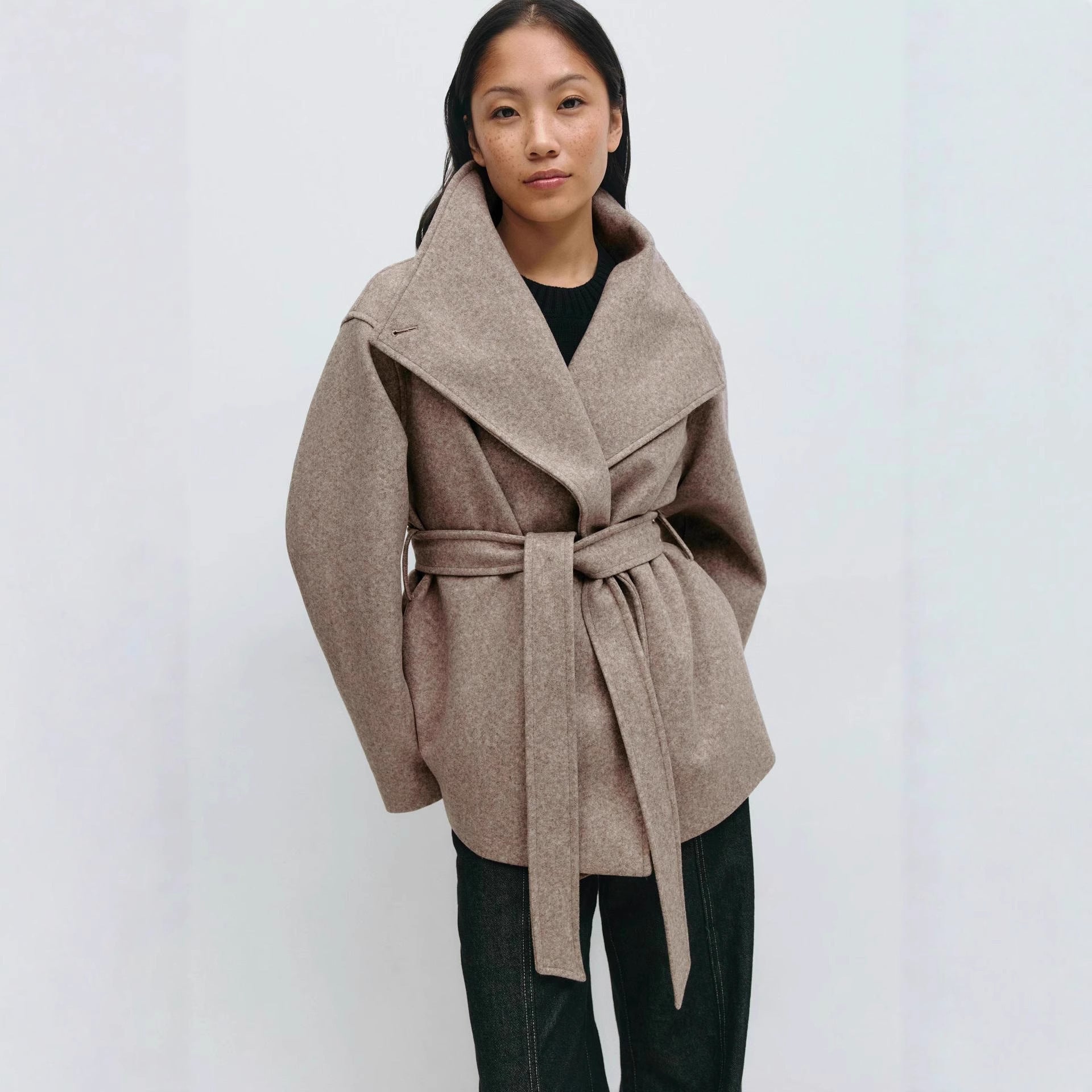 Women’s Autumn Winter Woolen Belted Coat – Elegant Mid-Length Jacket