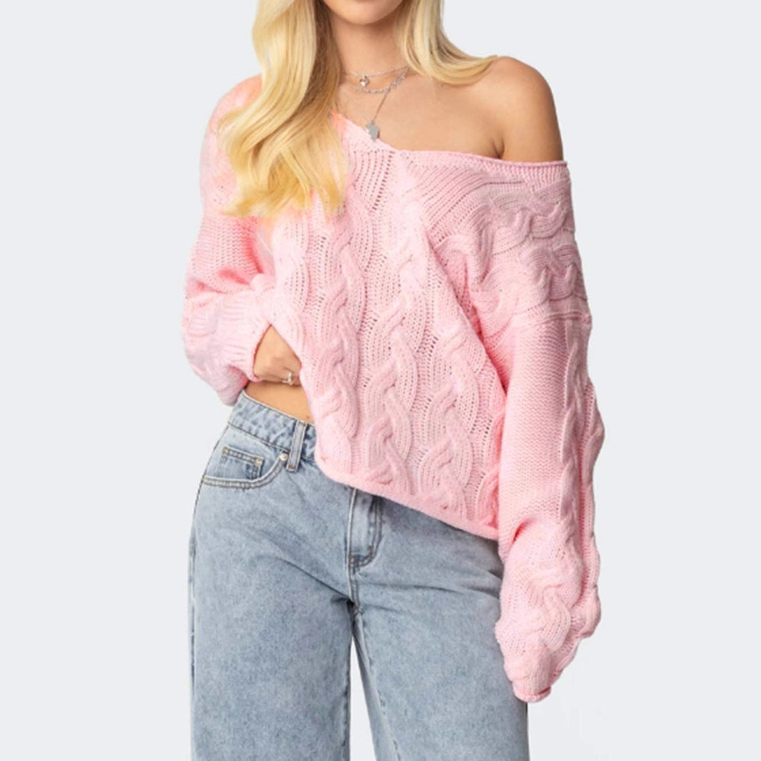 Women’s V-Neck Twist Knitted Pullover Sweater – Casual Loose Long Sleeve Knitwear