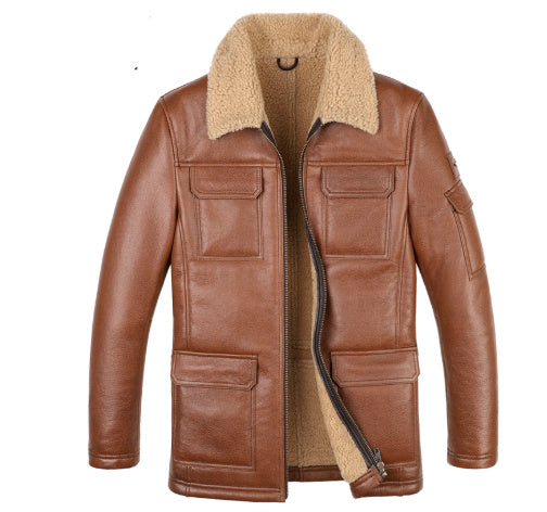 Men’s Sheepskin Trench Coat – Vintage Brown Leather Jacket with Shearling Collar