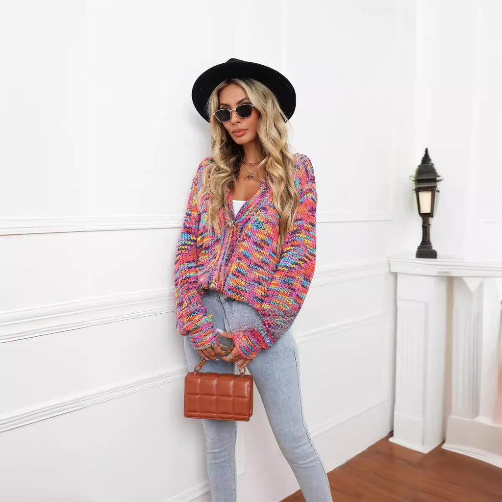Women’s Rainbow Knit Cardigan – Festival Style Colorful Sweater