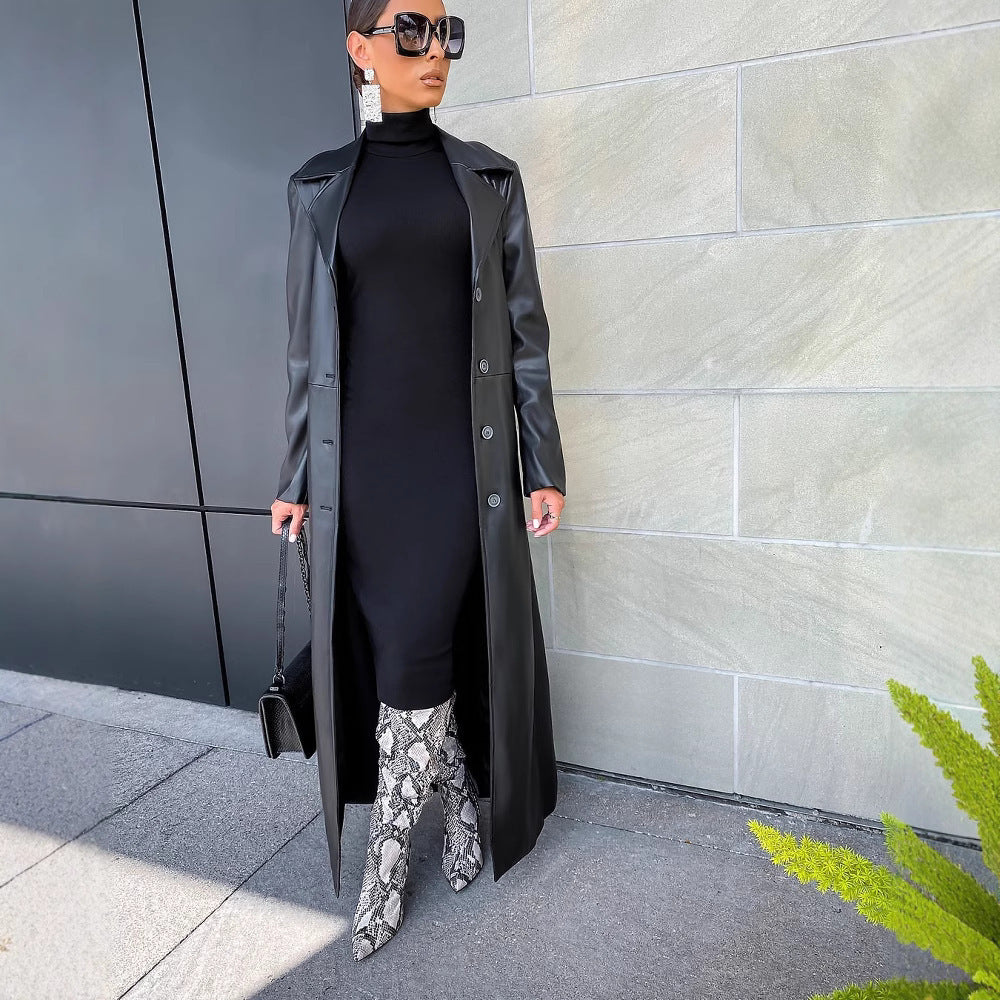 Elegant Long PU Leather Trench Coat with Lapel Collar – Street Style Outerwear