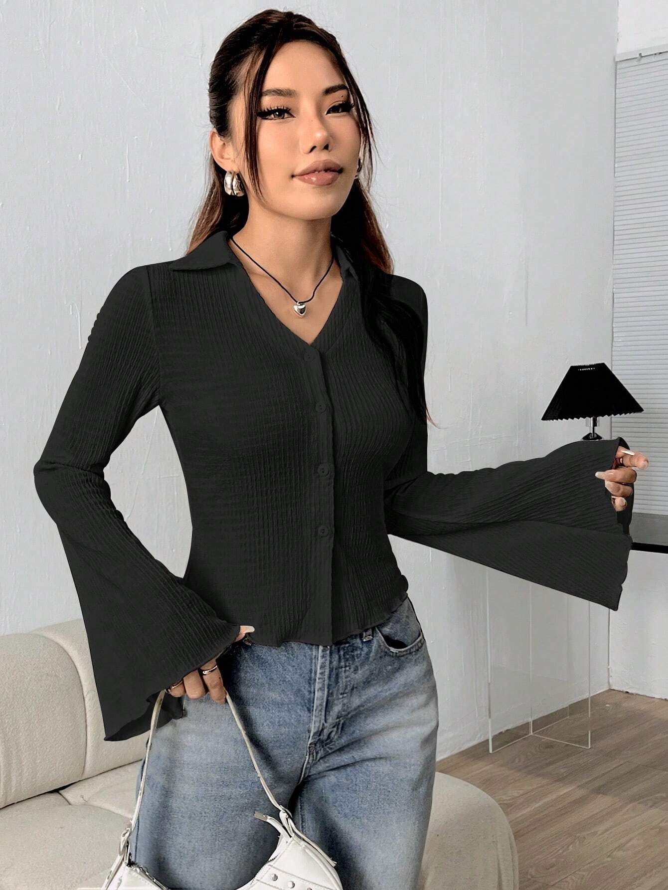 Shoulder Bell Sleeve Solid Color Knit Top