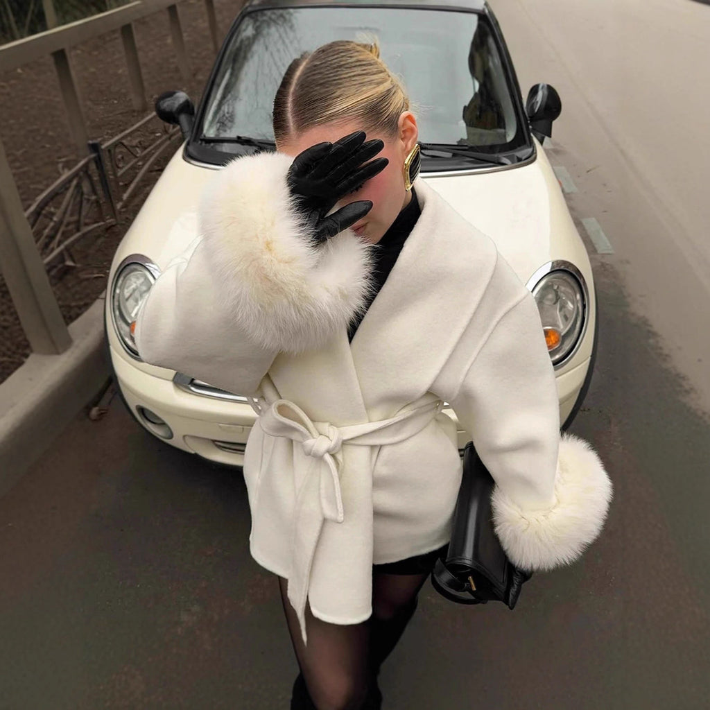 Women’s Fur V-neck Lace-up Woolen Coat with Faux Fur Cuffs