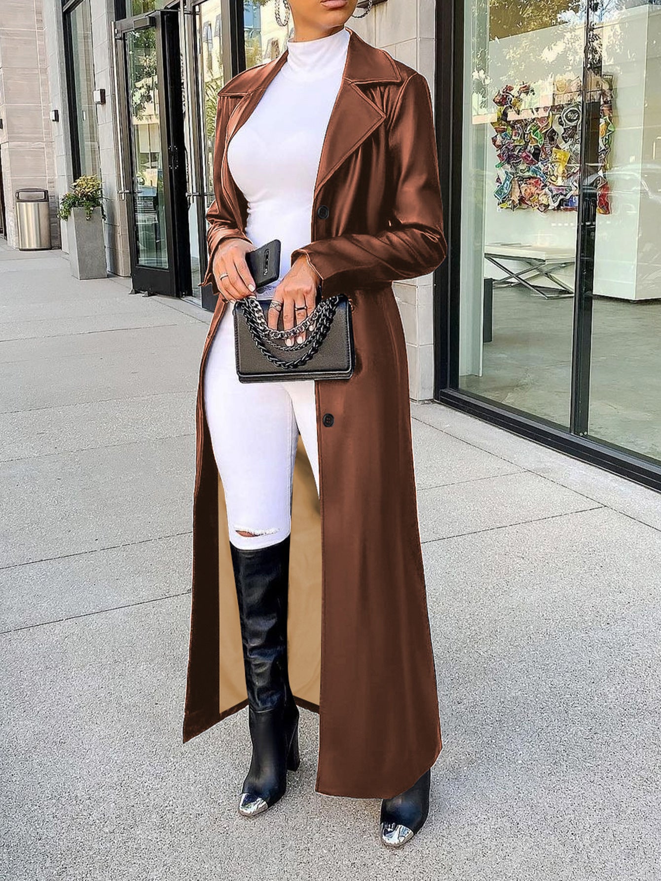 Elegant Long PU Leather Trench Coat with Lapel Collar – Street Style Outerwear