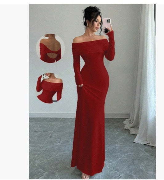 Women’s Off-Shoulder Long Sleeve Slim Fit Evening Maxi Dress