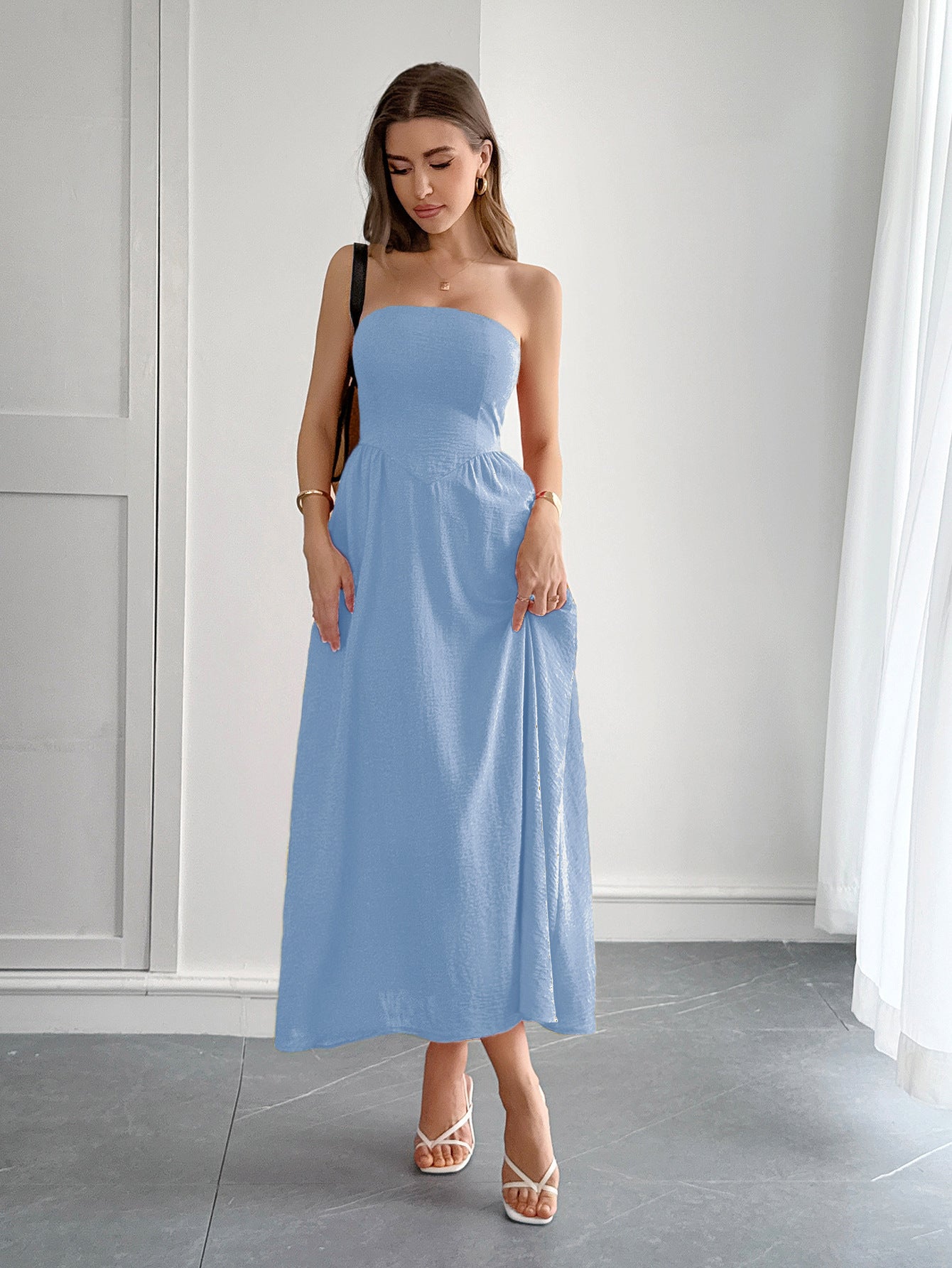 Women’s High Waist Strapless Tube Top Dress Elegant Evening Midi Dress