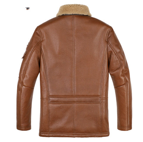 Men’s Sheepskin Trench Coat – Vintage Brown Leather Jacket with Shearling Collar