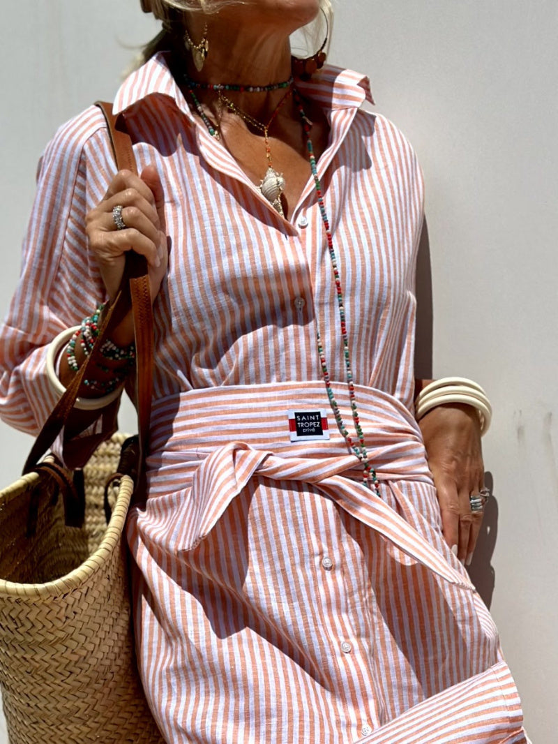 Women’s Mid-Length Striped Shirt Dress with Belt – 5/4 Sleeve Casual Lapel Dress