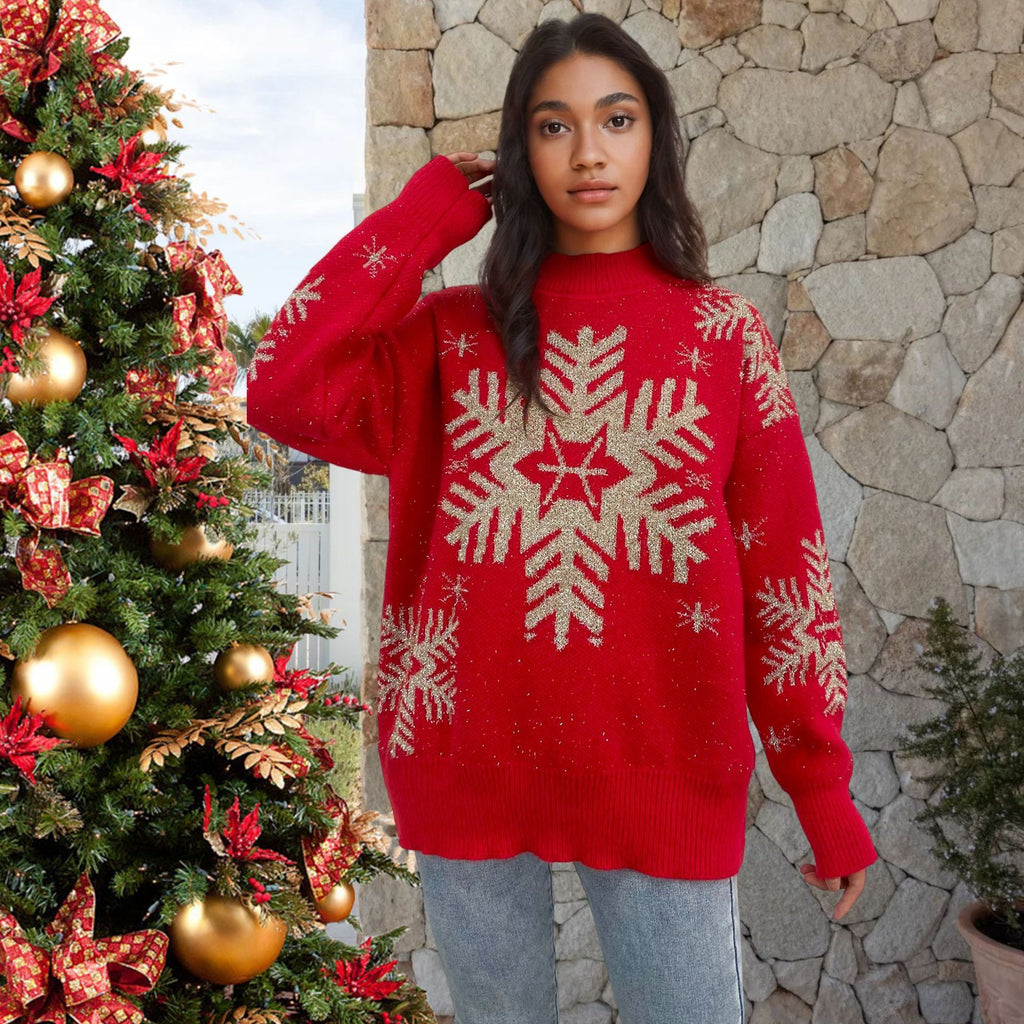 Women’s Red Christmas Sweater with Snowflake Pattern