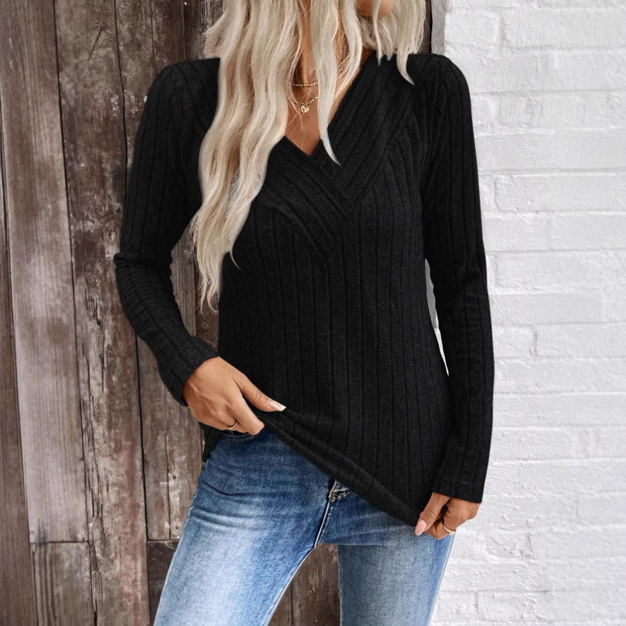 Women’s Casual Solid Color Knitted V-Neck Long Sleeve Sweater