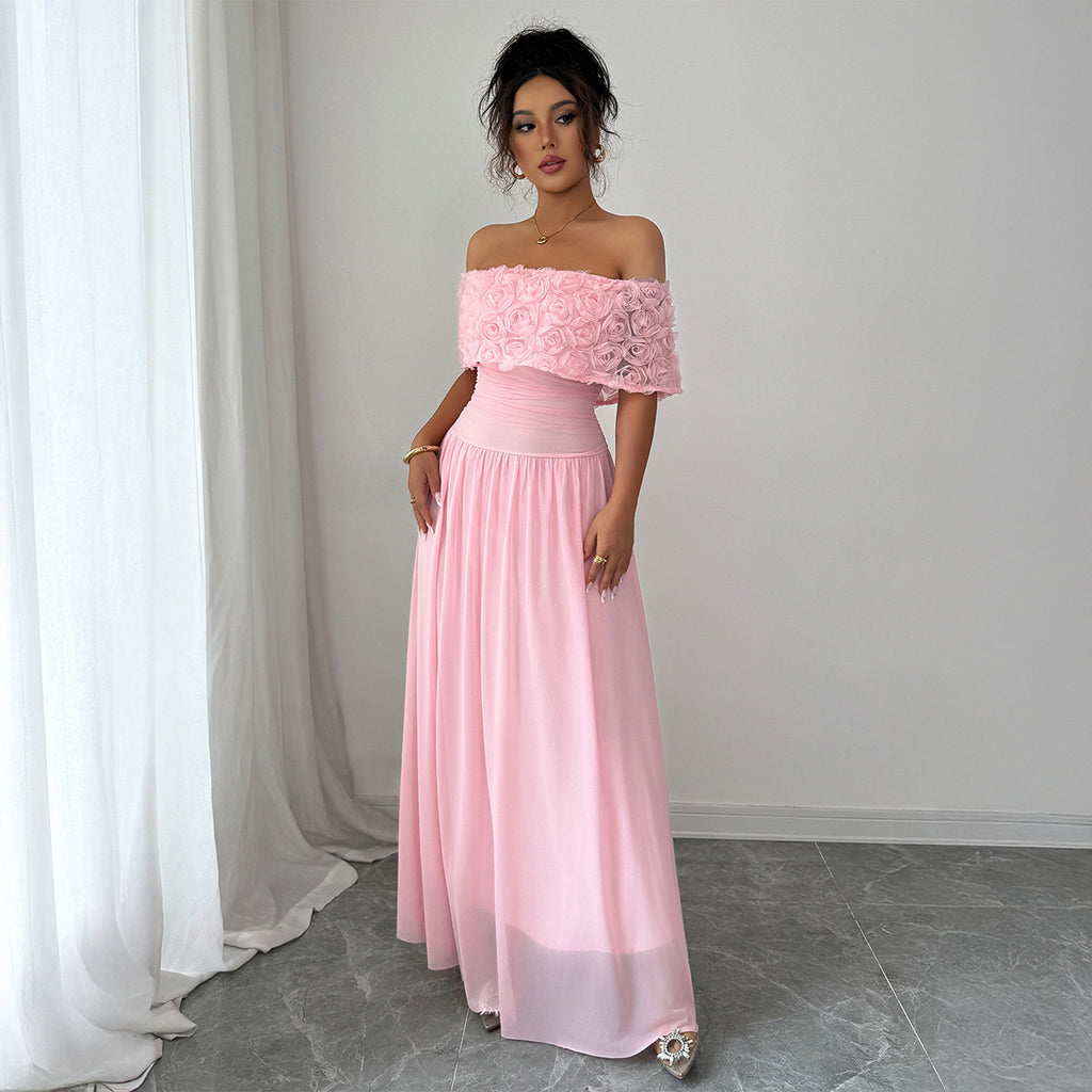 Elegant Off-Shoulder Pink Maxi Dress – Long Formal Evening Gown