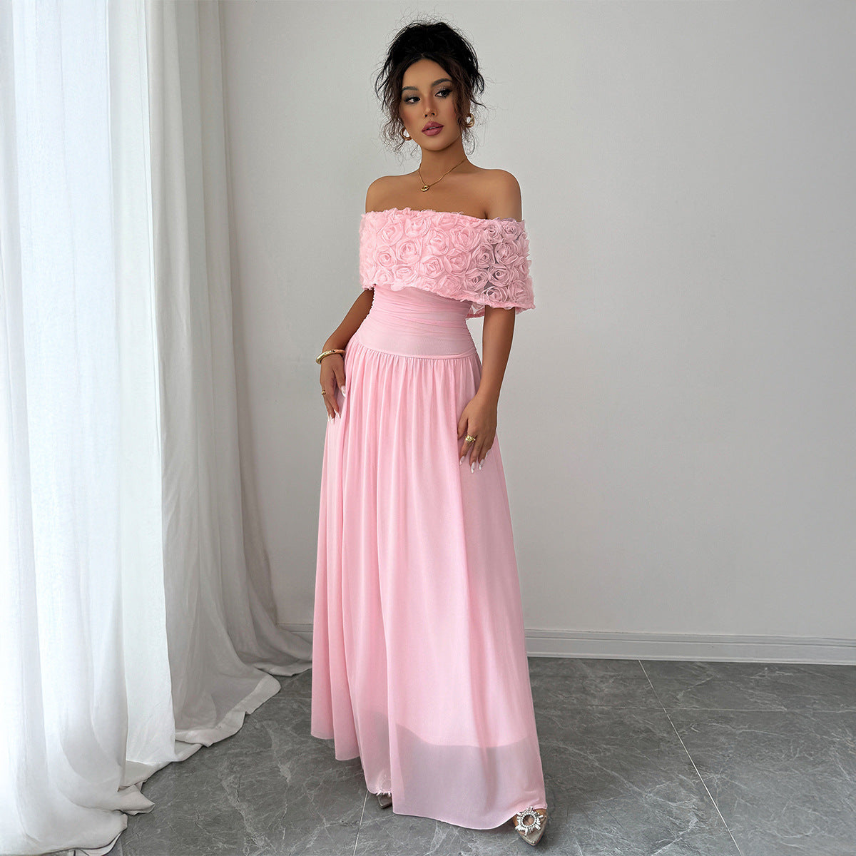 Elegant Off-Shoulder Pink Maxi Dress – Long Formal Evening Gown