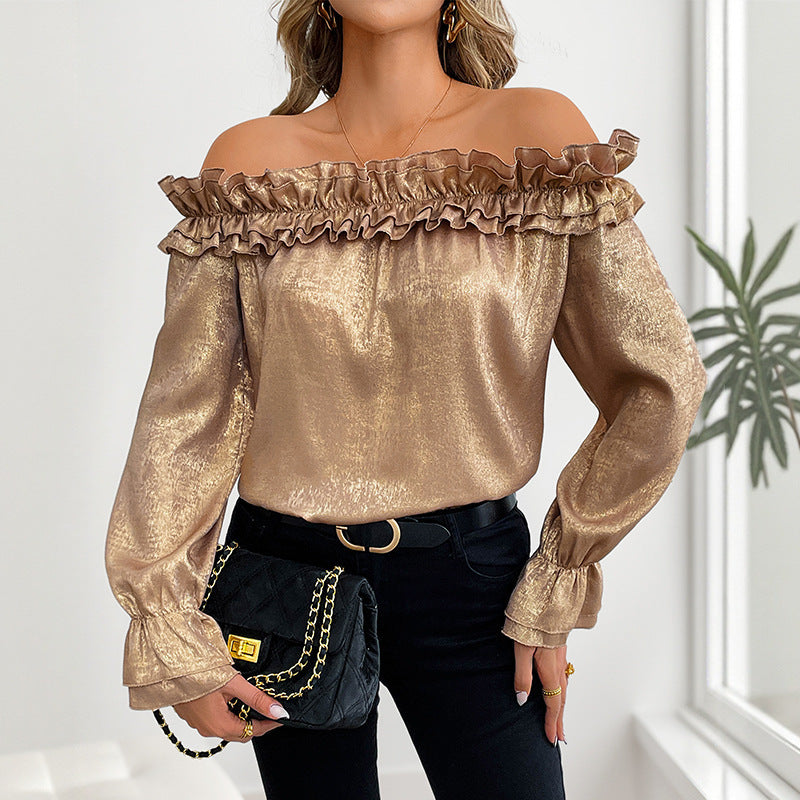 Off-Shoulder Long Sleeve Golden Ruffle Blouse