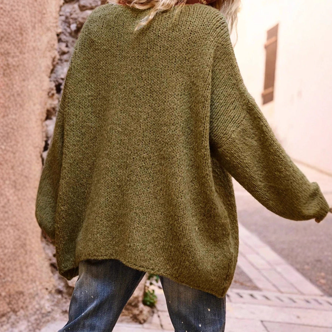 Women’s Casual Loose Pullover Sweater with Heart Print – Long Sleeve V-Neck