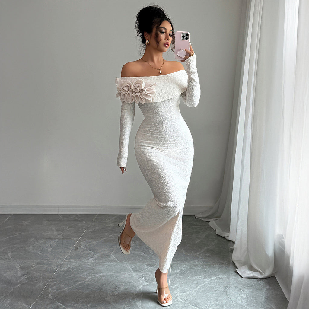 Women’s Long-Sleeved Sheath Off-Shoulder Maxi Dress with Floral Detail