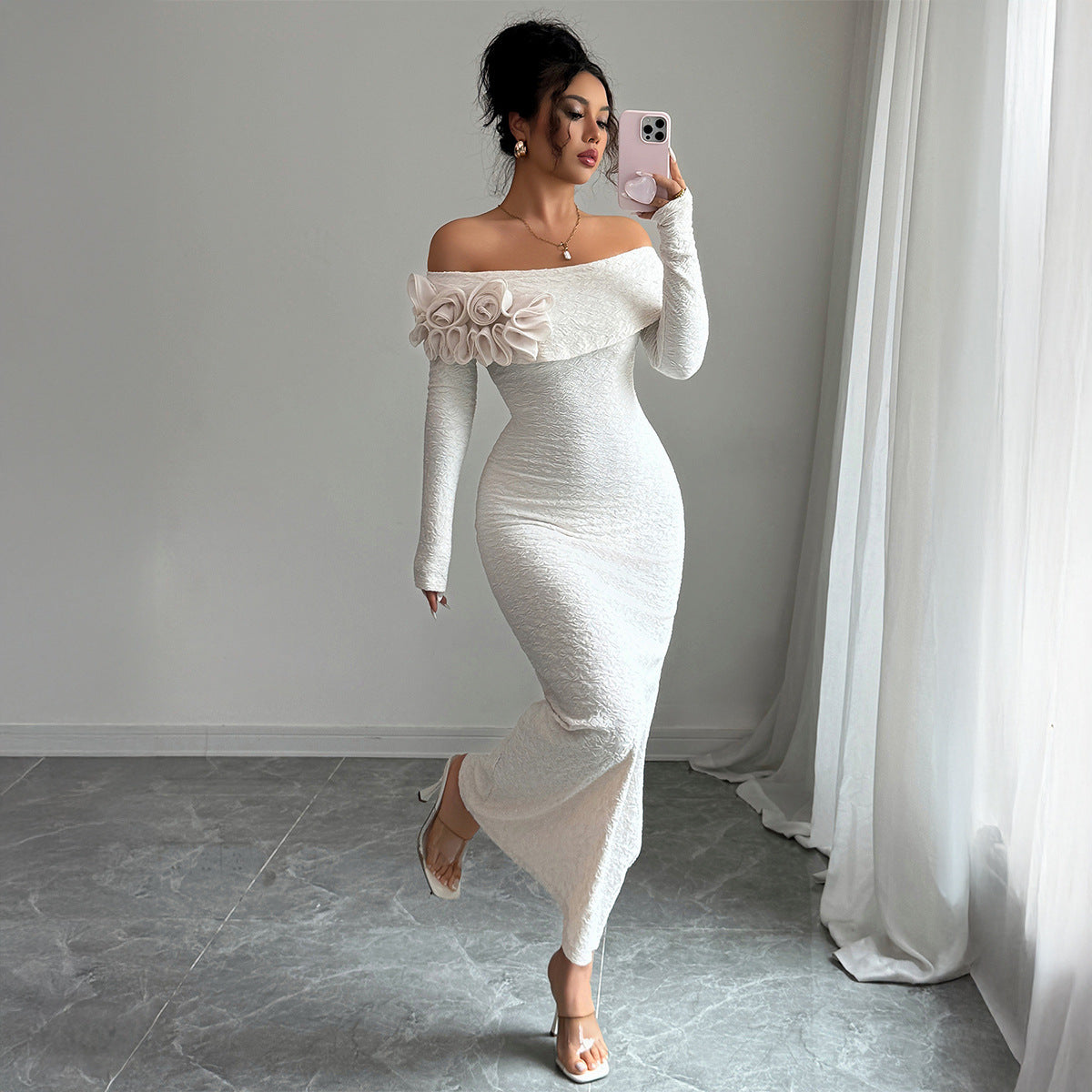 Women’s Long-Sleeved Sheath Off-Shoulder Maxi Dress with Floral Detail