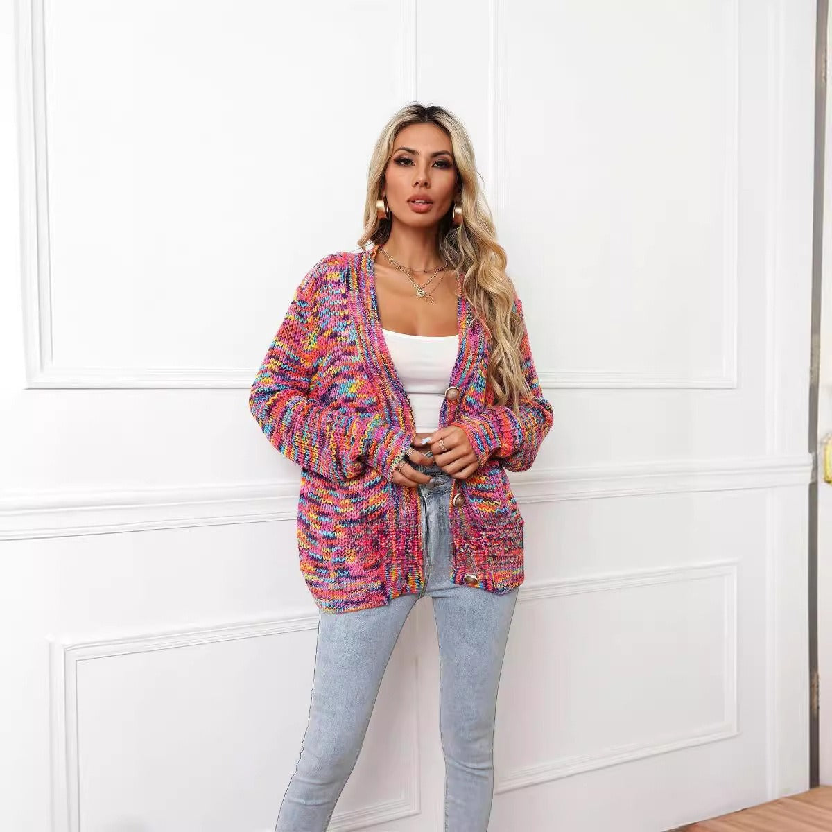 Women’s Rainbow Knit Cardigan – Festival Style Colorful Sweater