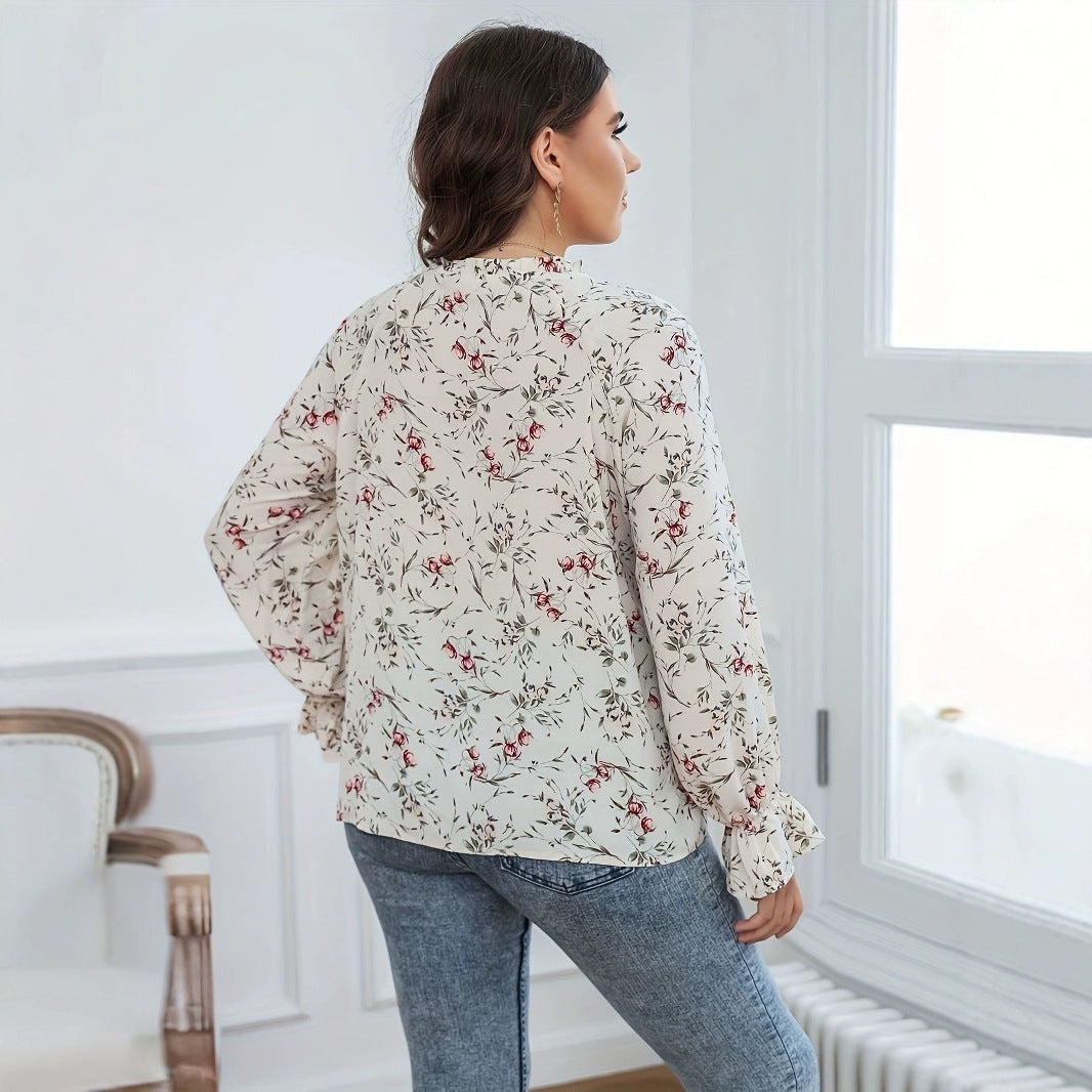 Graceful Floral Print Blouse – Lace-Up Elegant Women’s Long Sleeve Blouse