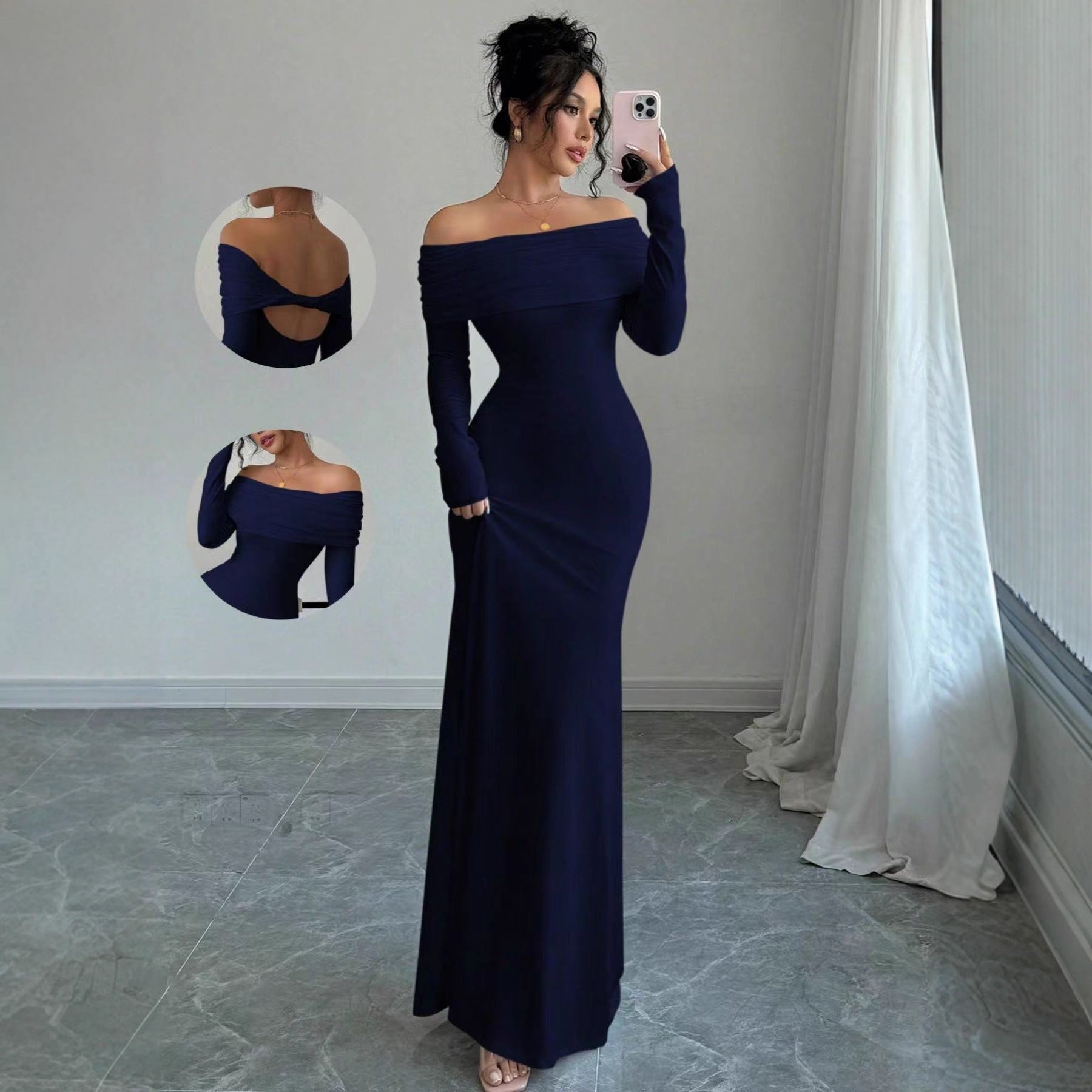 Women’s Off-Shoulder Long Sleeve Slim Fit Evening Maxi Dress