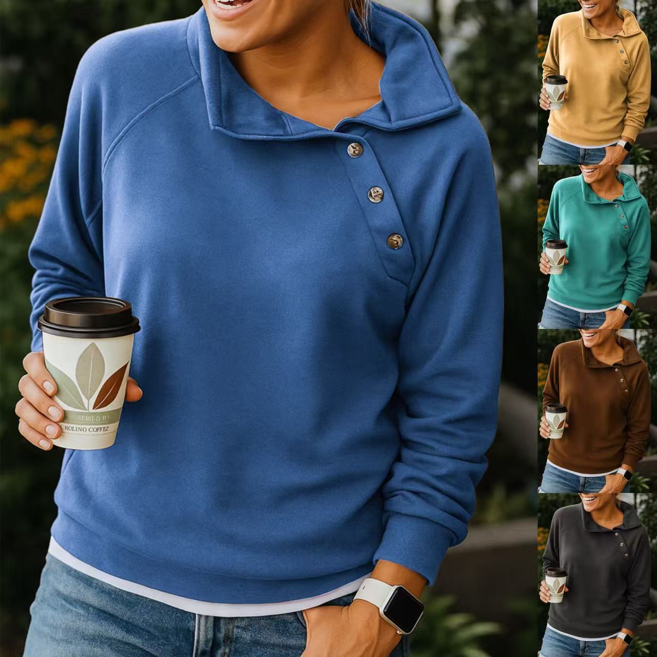 Casual Loose Long Sleeve Button Collar Pullover Sweater