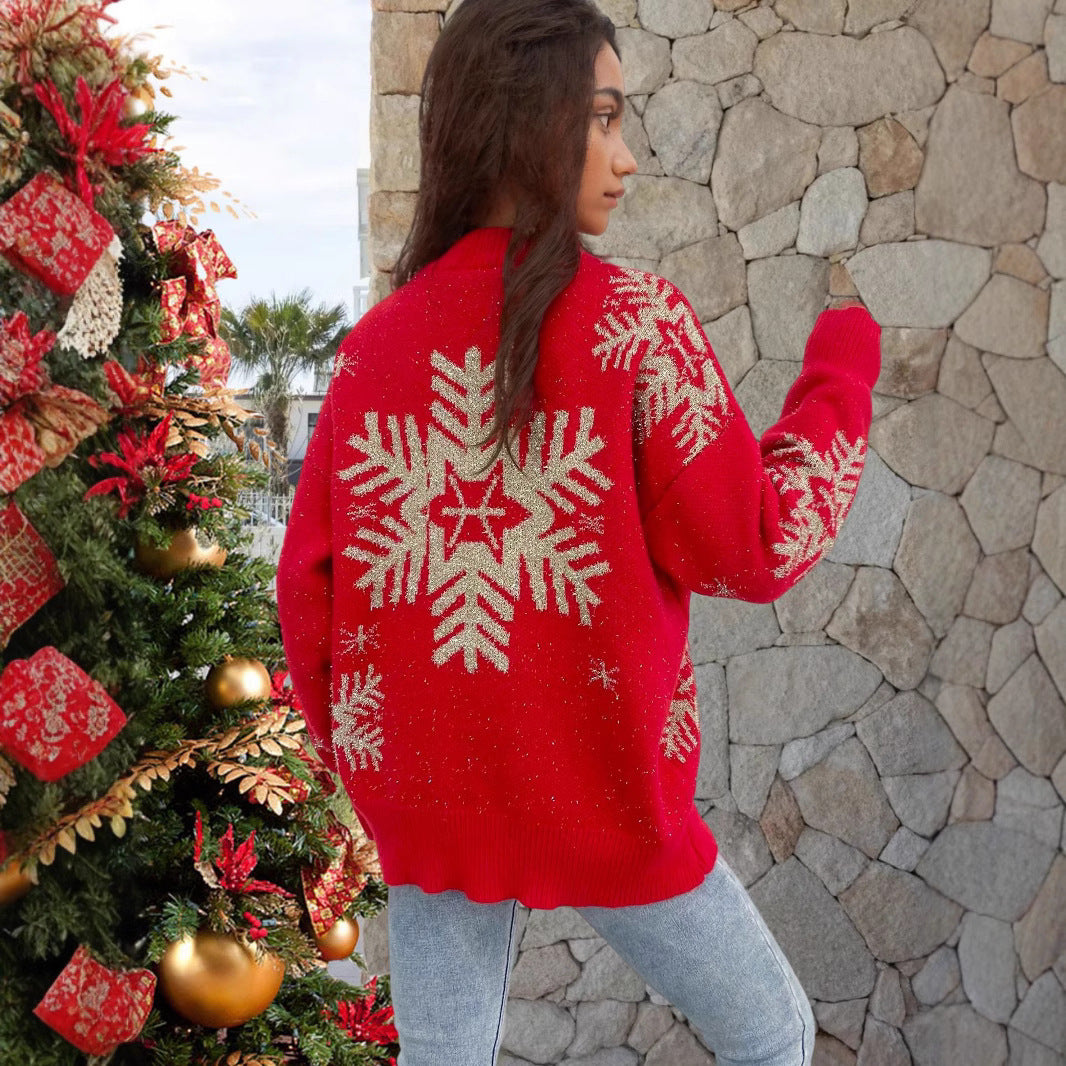 Women’s Red Christmas Sweater with Snowflake Pattern