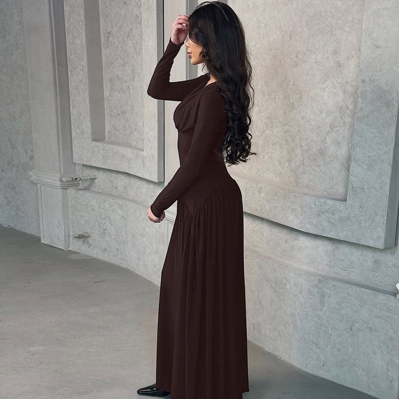 Elegant Long Sleeve Maxi Dress with Pleated Skirt