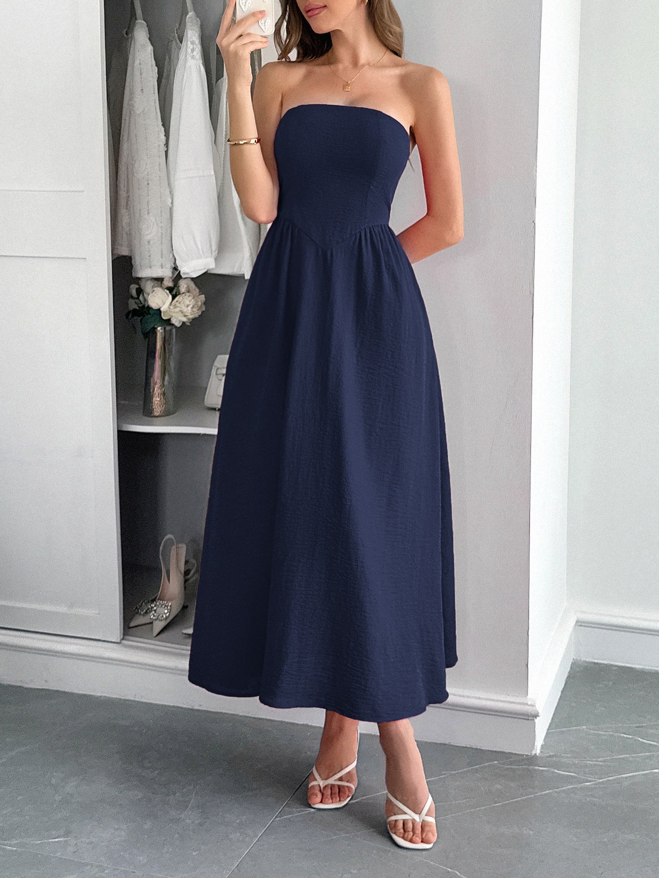 Women’s High Waist Strapless Tube Top Dress Elegant Evening Midi Dress