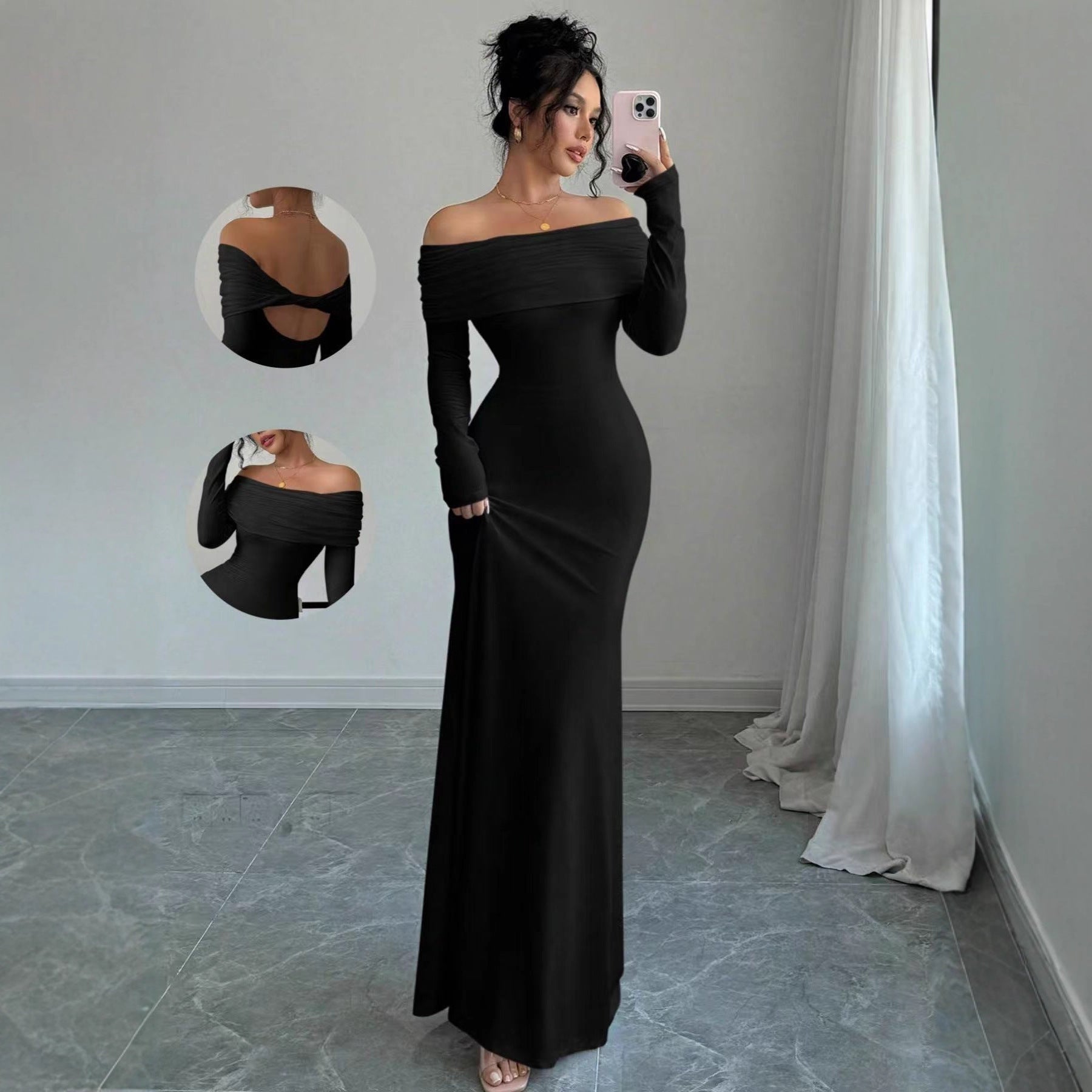 Women’s Off-Shoulder Long Sleeve Slim Fit Evening Maxi Dress