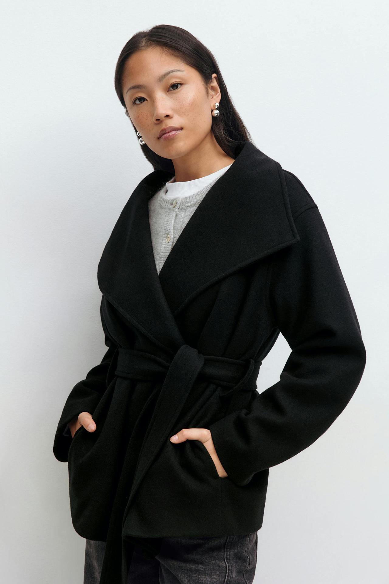 Women’s Autumn Winter Woolen Belted Coat – Elegant Mid-Length Jacket