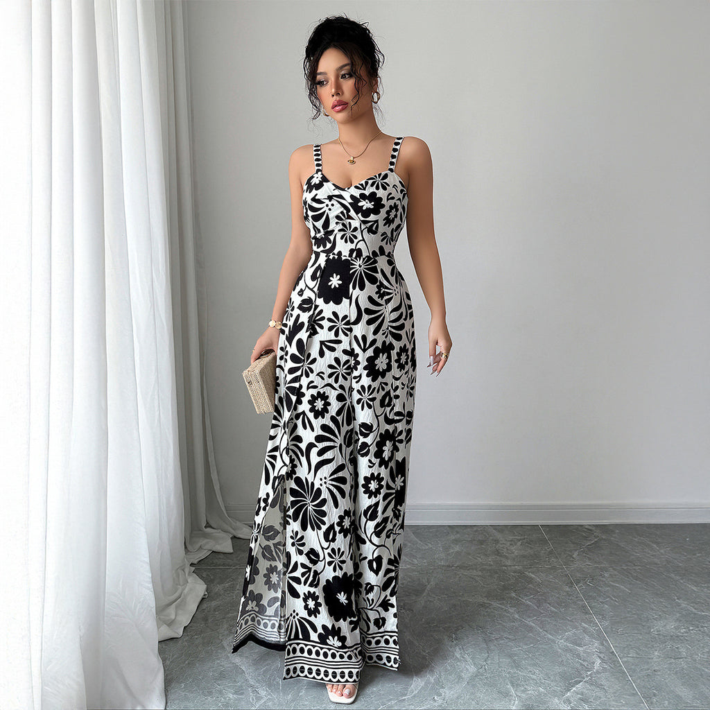 Elegant Graceful Printed Suspender Long Dress Women