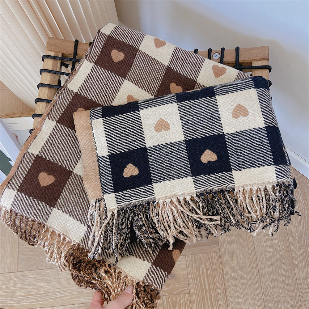 Women’s Winter Heart Plaid Cashmere Scarf – Thick Warm Checkered Shawl with Fringe