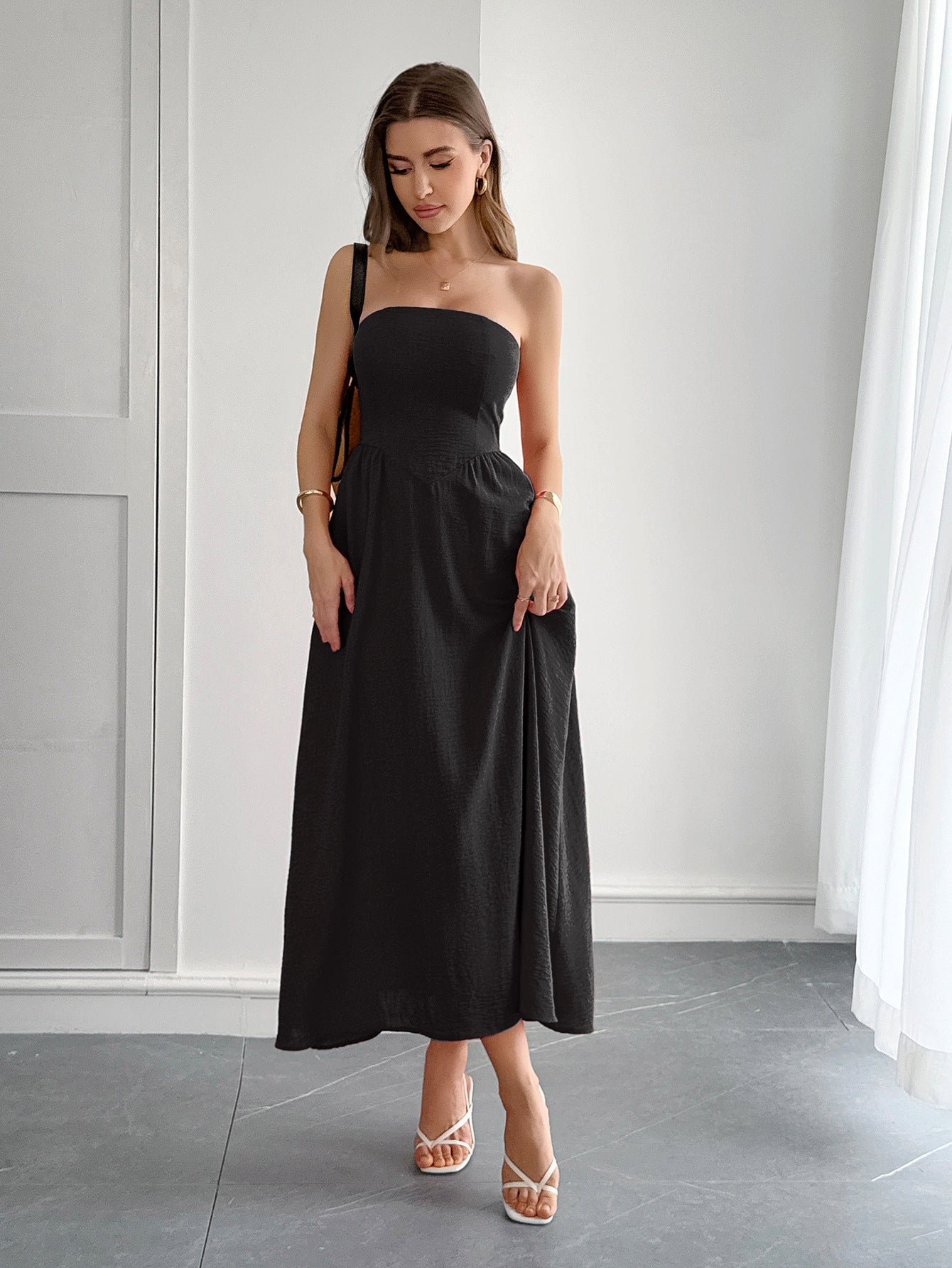 Women’s High Waist Strapless Tube Top Dress Elegant Evening Midi Dress