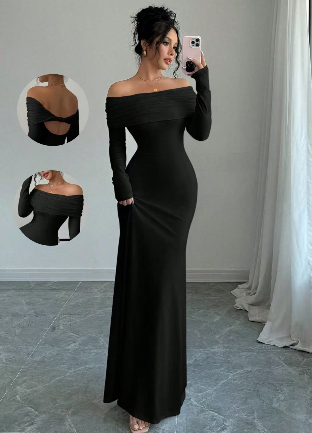 Women’s Off-Shoulder Long Sleeve Slim Fit Evening Maxi Dress