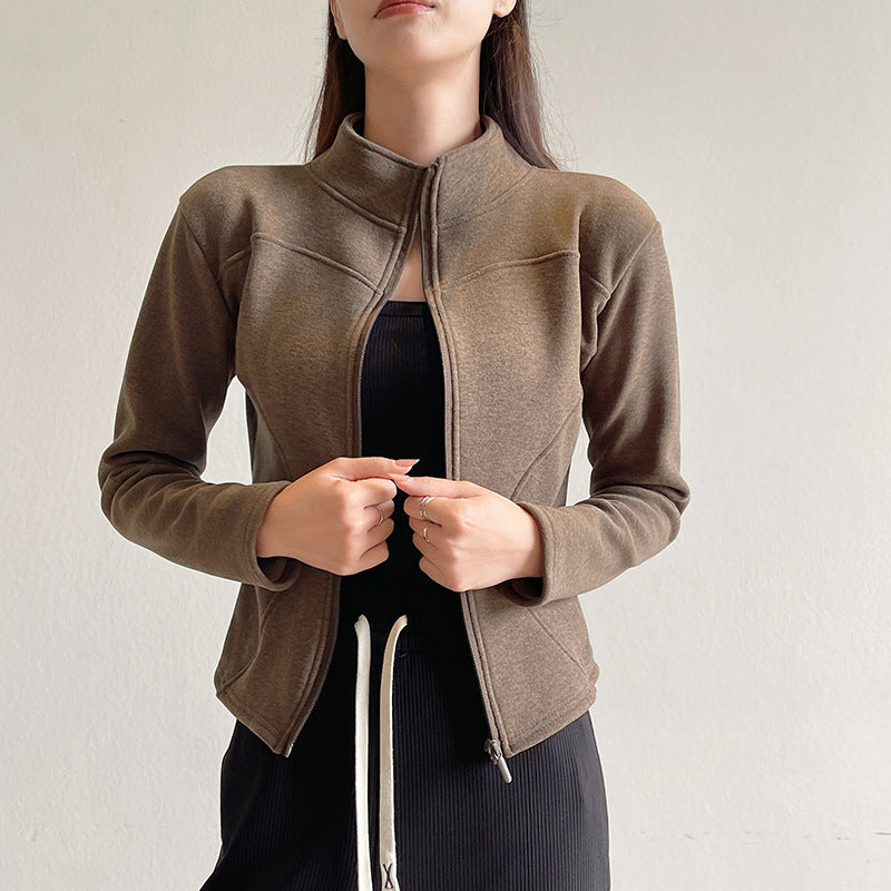 Stand Collar Short Coat – Women’s Warm Zipper Hoodie Jacket