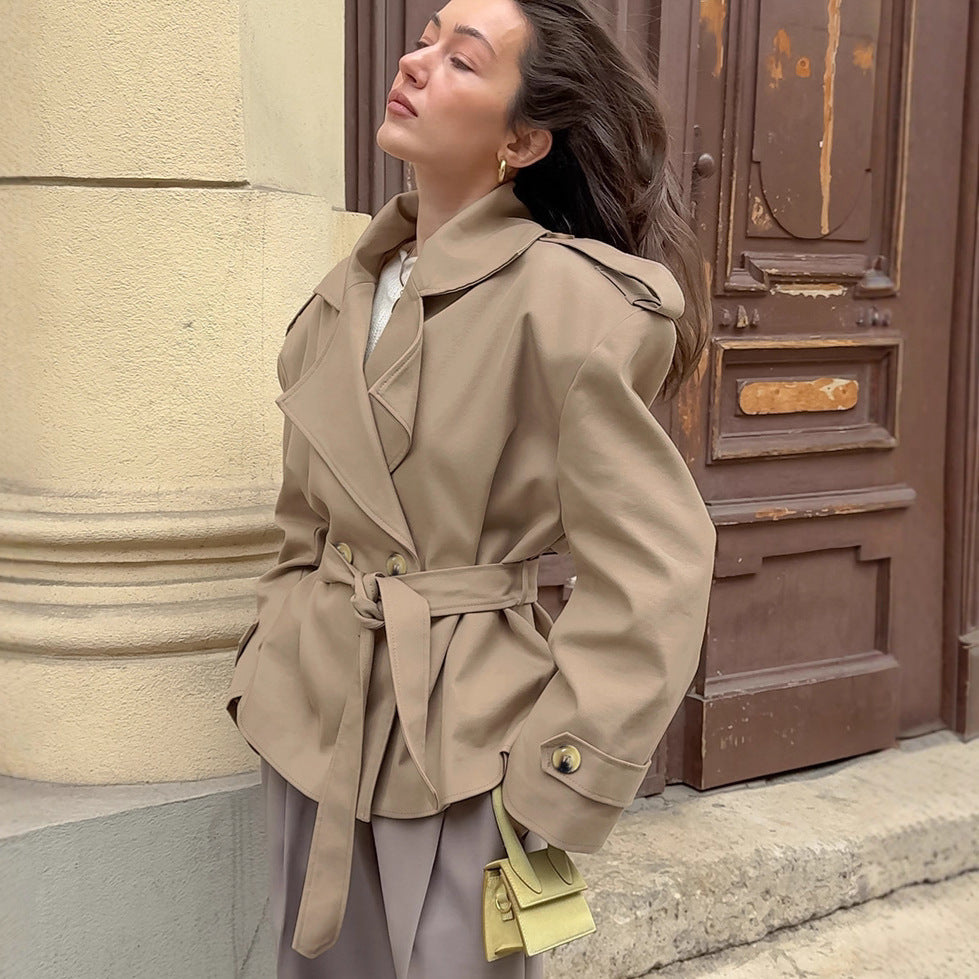 Trendy Casual Lace-Up Khaki Trench Coat for Women – Mid-Length Belted Outerwear
