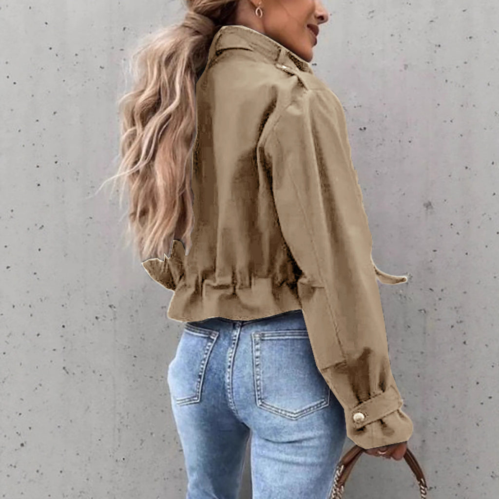 Women’s Casual Short Zipper Coat – Single-Breasted Long Sleeve Jacket with Pockets