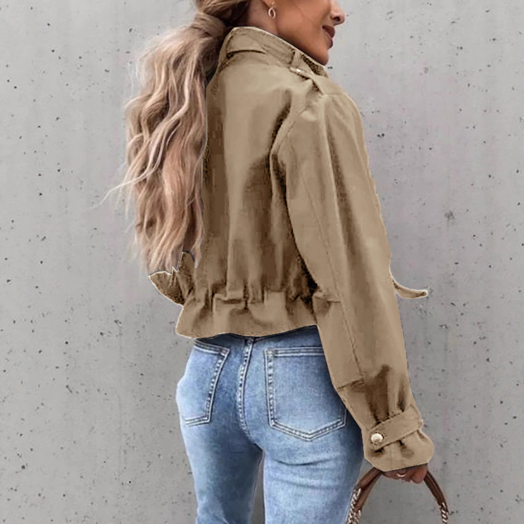 Women’s Casual Short Zipper Coat – Single-Breasted Long Sleeve Jacket with Pockets