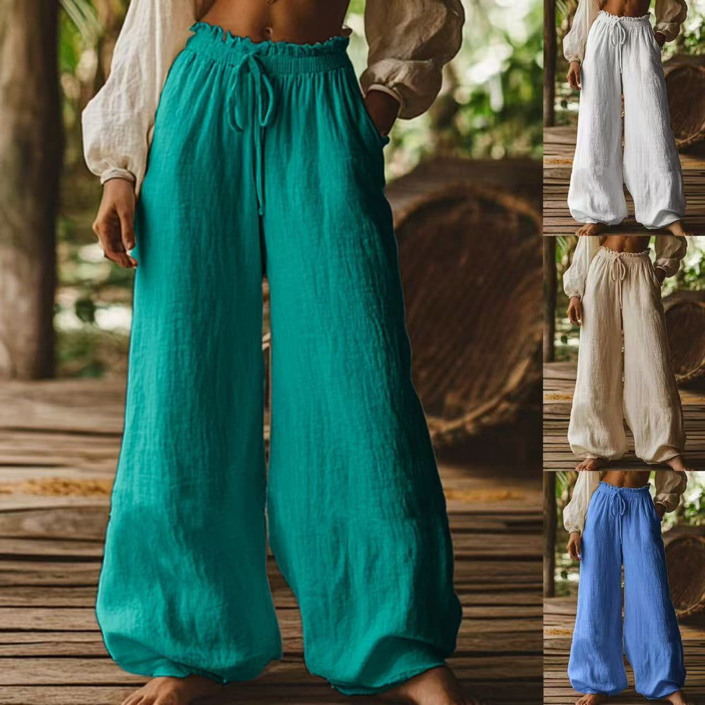 Casual Wide Leg Pants with Elastic Waist & Drawstring – Boho Summer Trousers