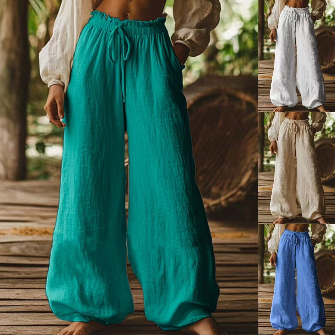 Casual Wide Leg Pants with Elastic Waist & Drawstring – Boho Summer Trousers