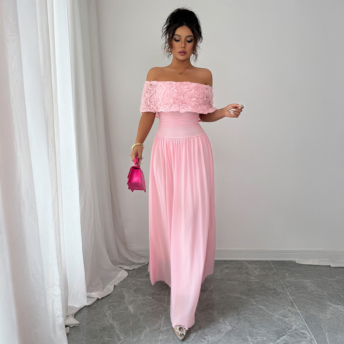 Elegant Off-Shoulder Pink Maxi Dress – Long Formal Evening Gown