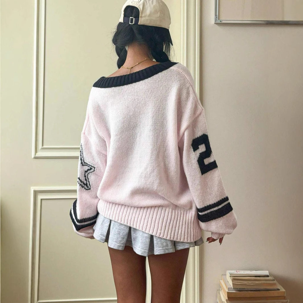 Oversized V-Neck Number Print Loose Fit Sweater – Casual Streetwear