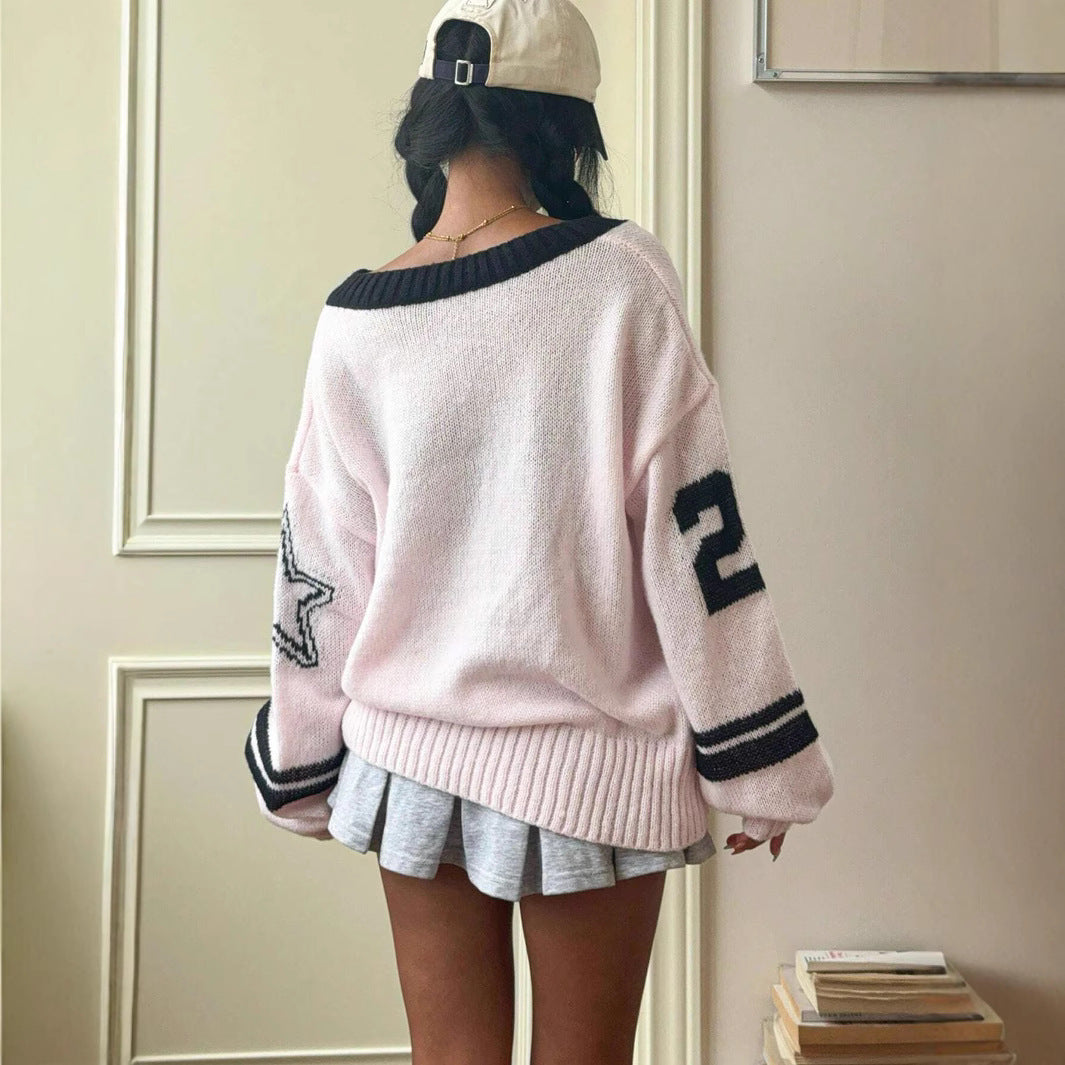 Oversized V-Neck Number Print Loose Fit Sweater – Casual Streetwear