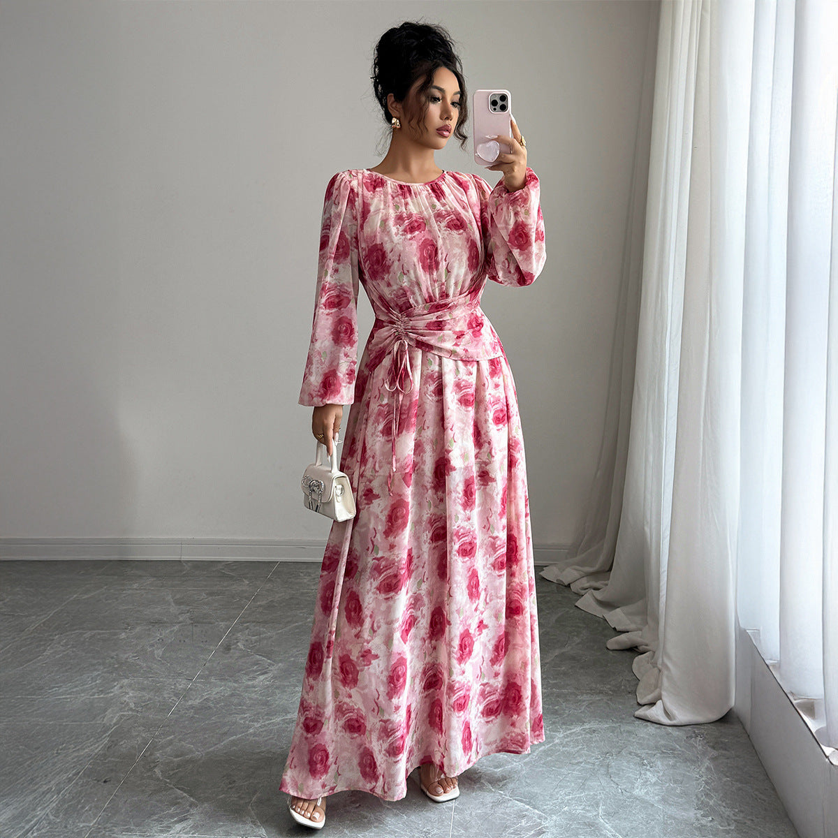 Elegant Women’s Floral Printed Long Sleeve Maxi Dress with Puff Sleeves