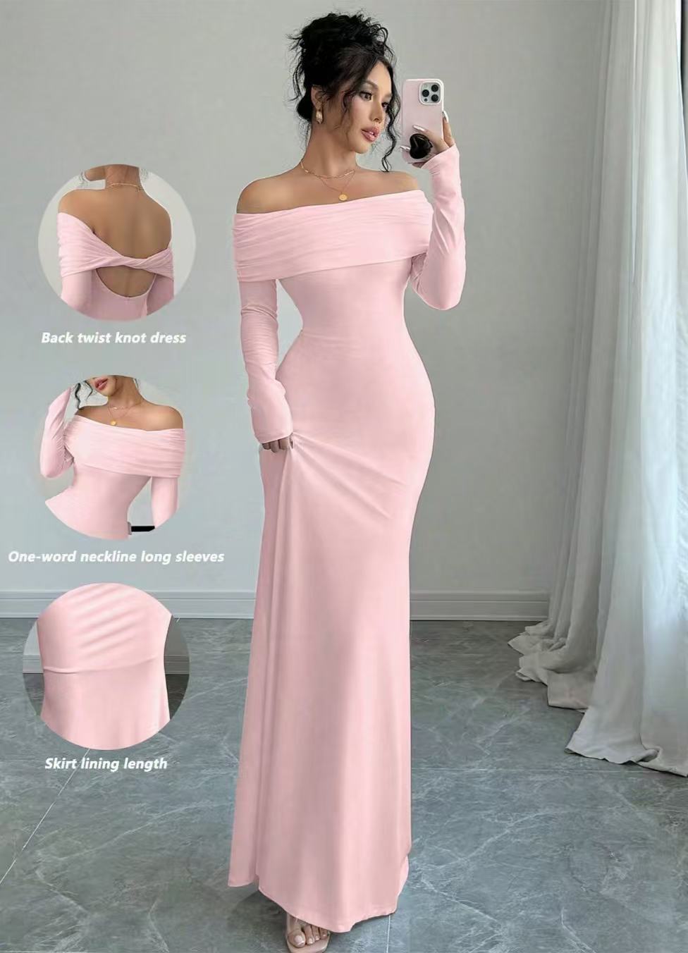 Women’s Off-Shoulder Long Sleeve Slim Fit Evening Maxi Dress