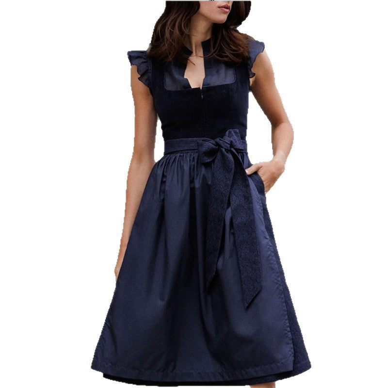 Elegant Sleeveless Lace Belted Velvet Dress – Dark Blue
