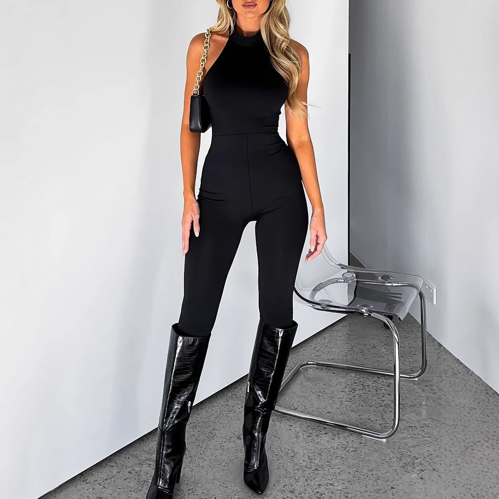 Women’s Pure Color Halter Backless Slim-Fit Jumpsuit